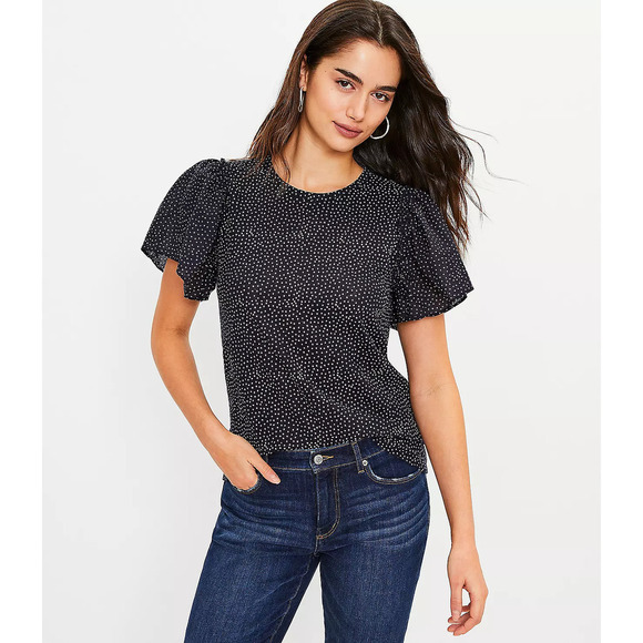 LOFT Linen Black White Dotted Mixed Media Flutter Sleeve Pullover Top Size SP - Picture 1 of 10